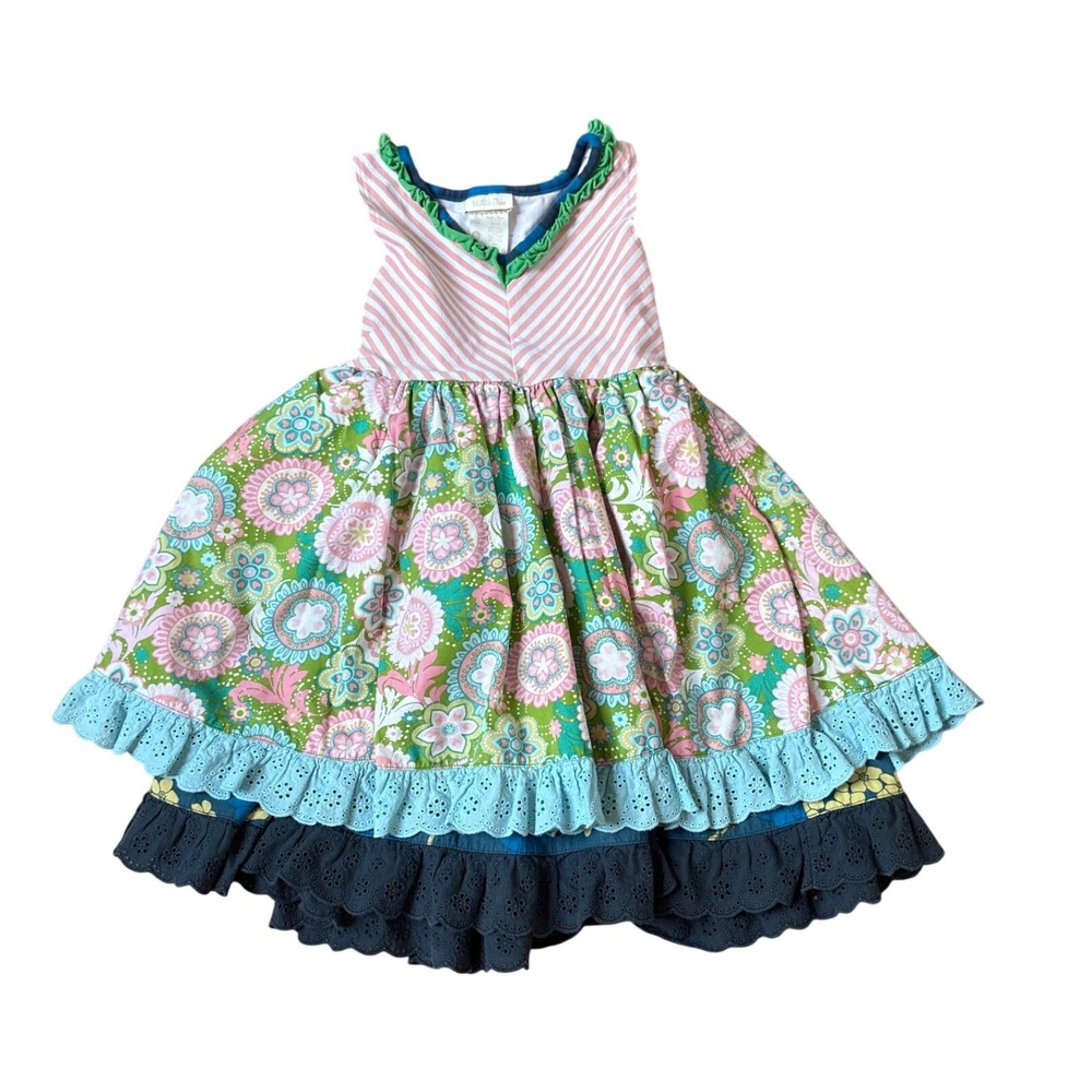Matilda Jane Dress Kids Multicolor Floral Stripe Tiered Ruffle Boho SIZE 6